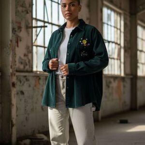 Vintage Looney Tunes Button Down Shirt Womens XL Corduroy Tweety Green Indie